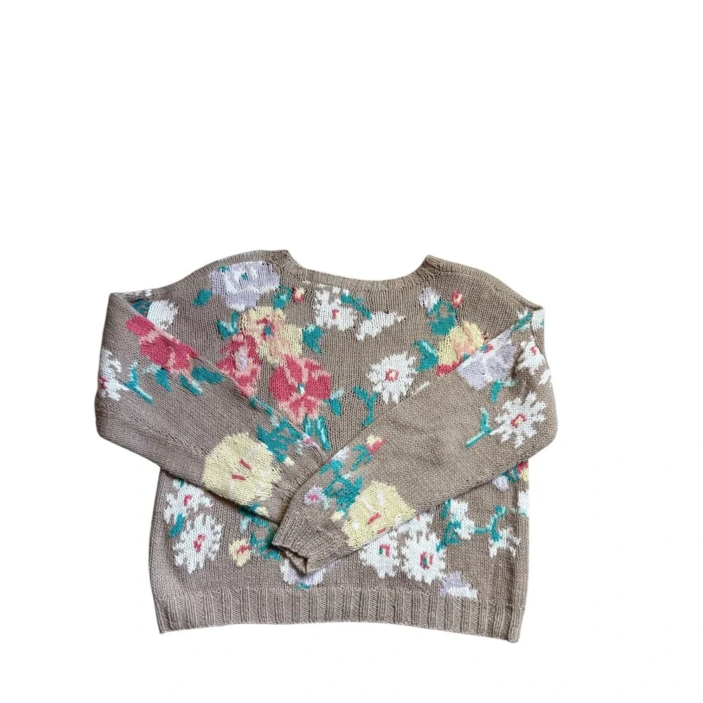 Vintage St Malo Floral Knit Sweater Tan Pink Yellow Intarsia Crewneck Womens L